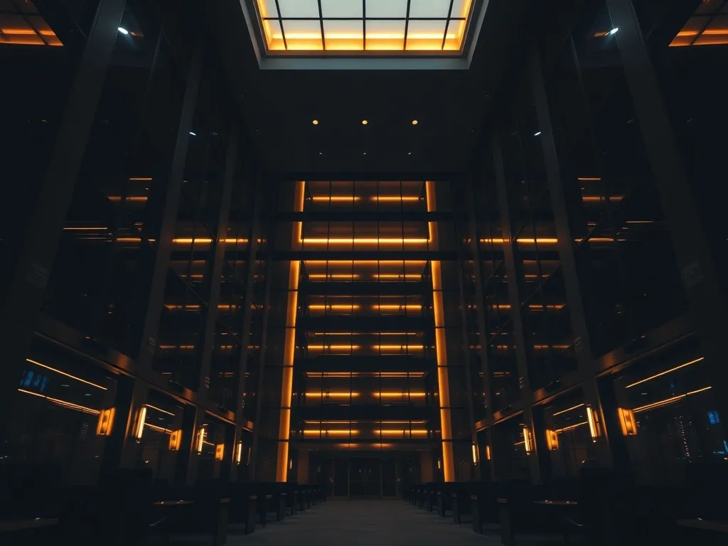 Professional dark office building interior with golden archi