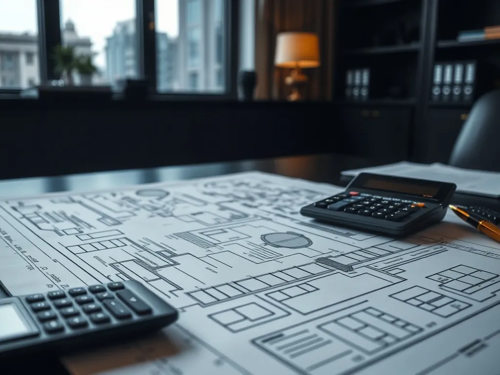 Close-up of high-end office desk with architectural blueprin